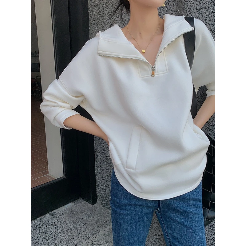 【简知】新款秋季宽松直筒高级感上衣白色翻领连帽卫衣女 932