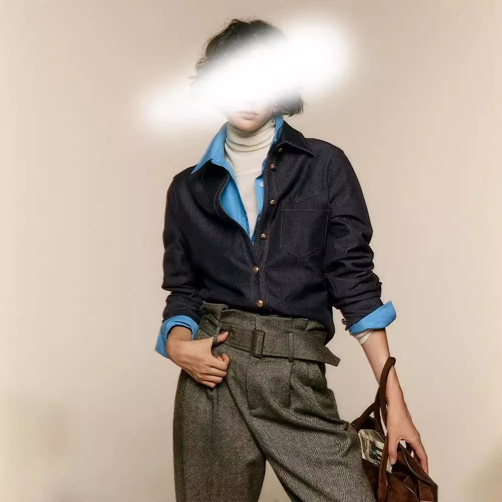 【简知】2024秋季免熨烫垂坠柔软TR牛仔复古明线牛仔衬衫三季可搭配