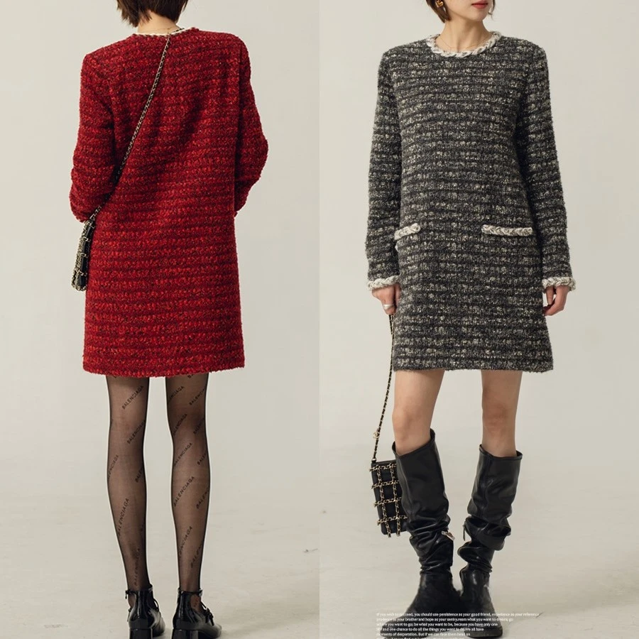 【简知】{留洋千金}年会战裙法式复古圆领宽松显瘦小香风连衣裙974