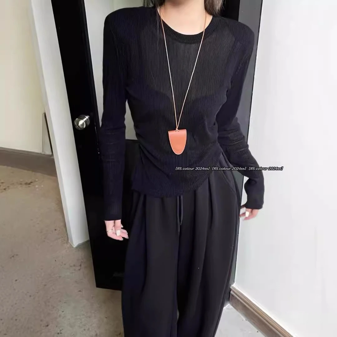 【简知】薄雾生巧 秋冬微透丝绒打底掐腰设计打底T恤