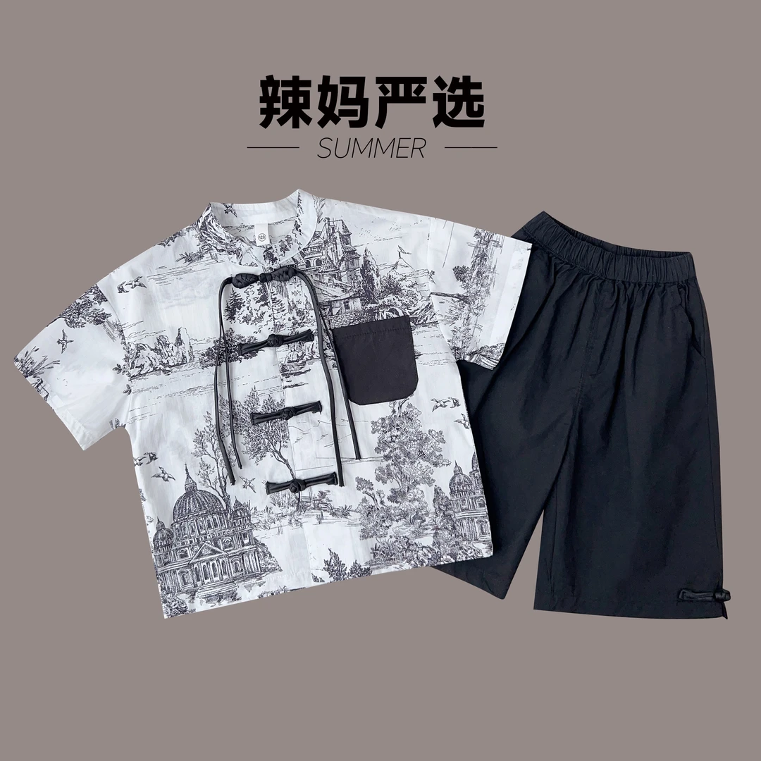 实体【棉逗熊品牌】男童韩版夏季休闲中小童古风两件套-10695-150
