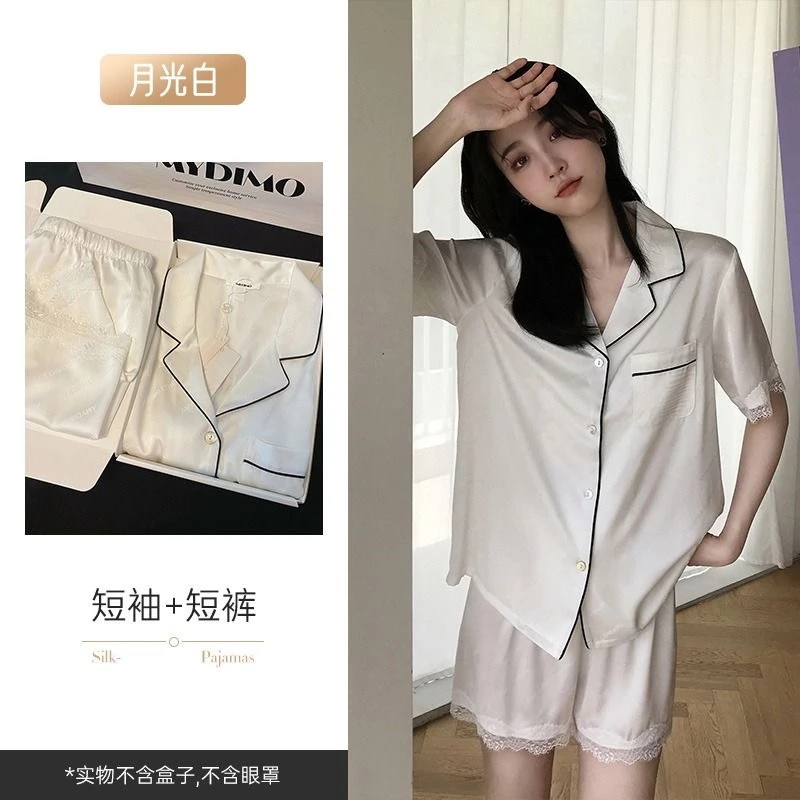 睡衣女套装新款夏季睡衣女生斜纹短袖短裤套装小翻领爆款冰丝家居