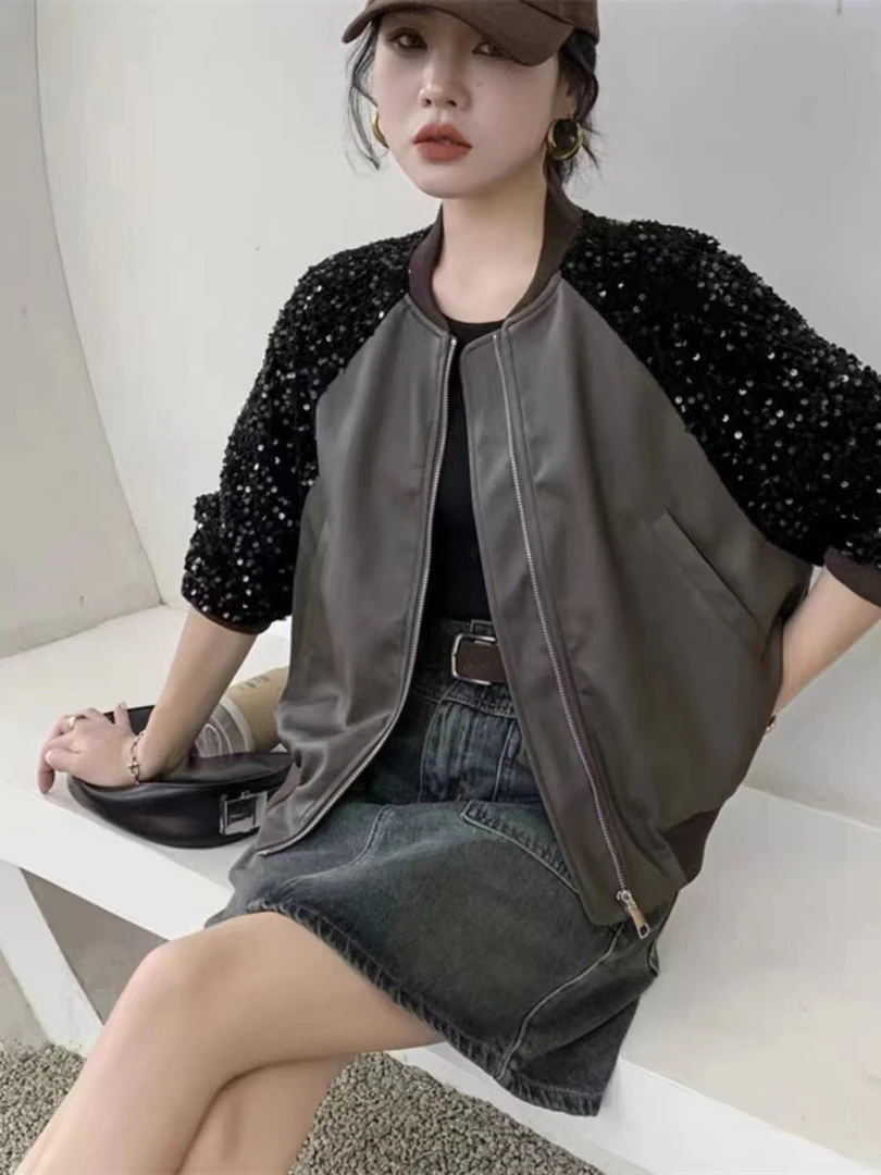 2024新款时尚亮片棒球服皮衣外套