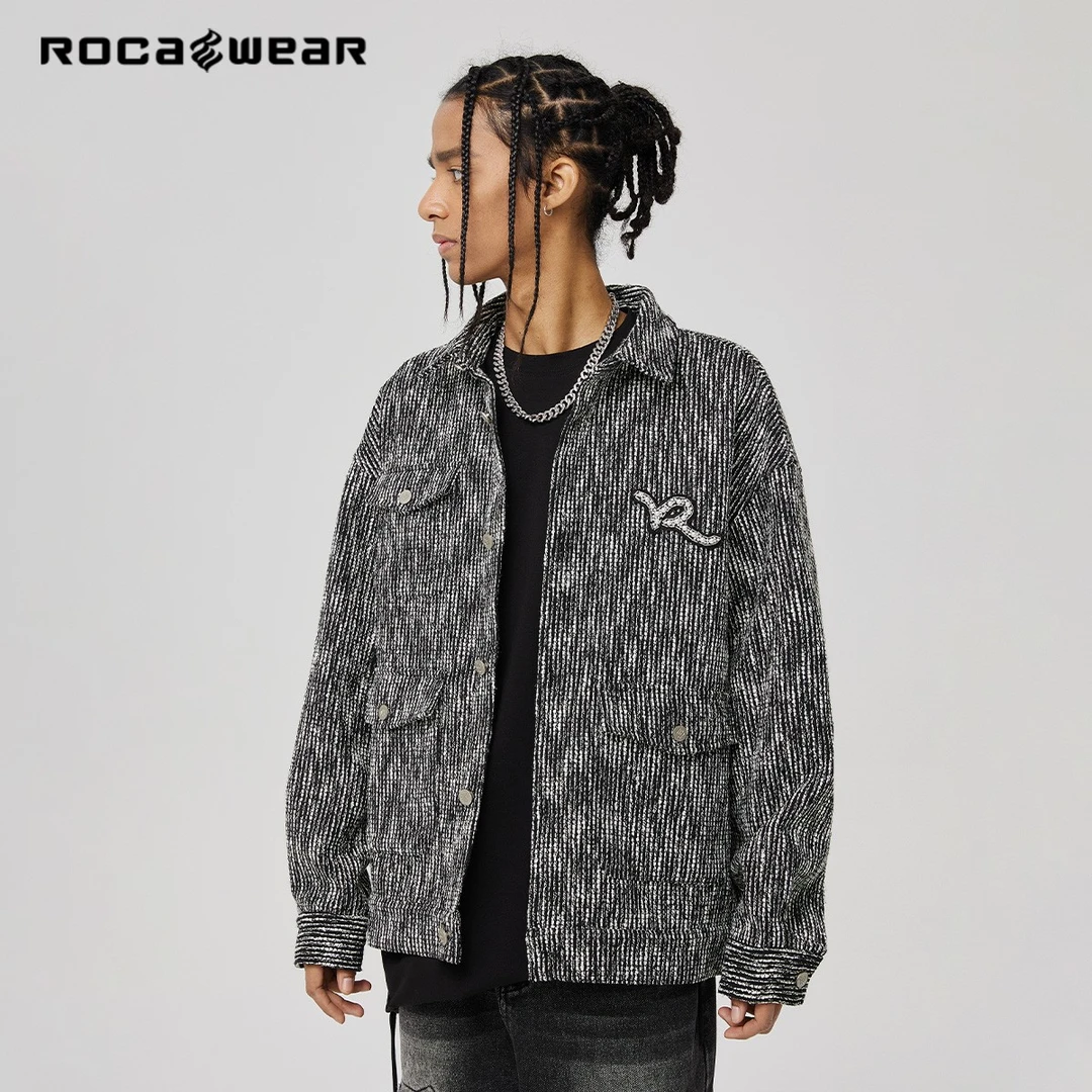 Rocawear小香风粗花呢衬衫领夹克串珠钻logo美潮宽松外套男女同款