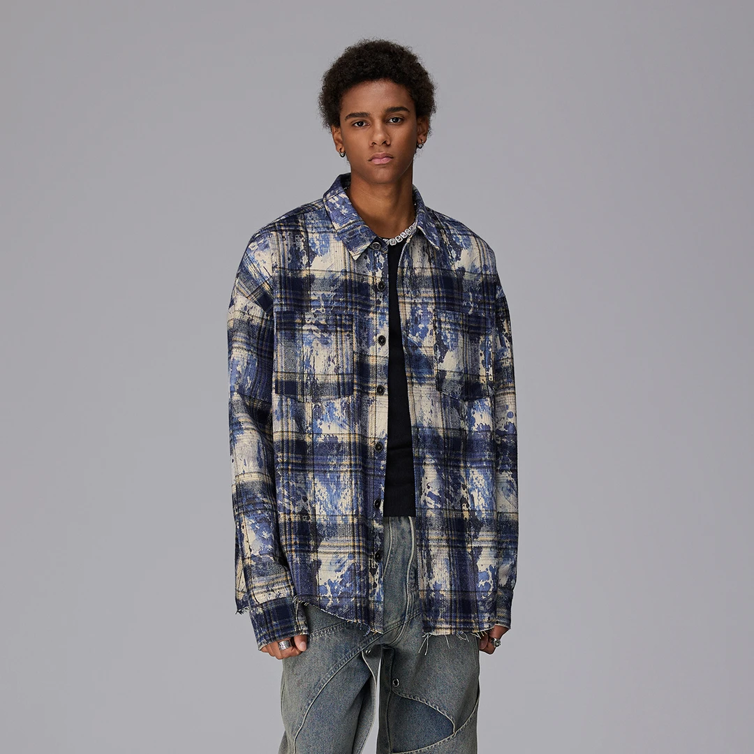 Rocawear潮牌贴布绣不规则下摆刺绣格纹衬衫美式复古宽松衬衣外套