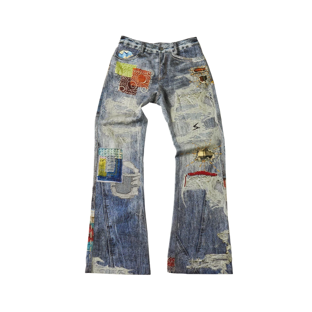 Rocawear 数码3D打印破洞贴布直筒微喇印花牛仔裤