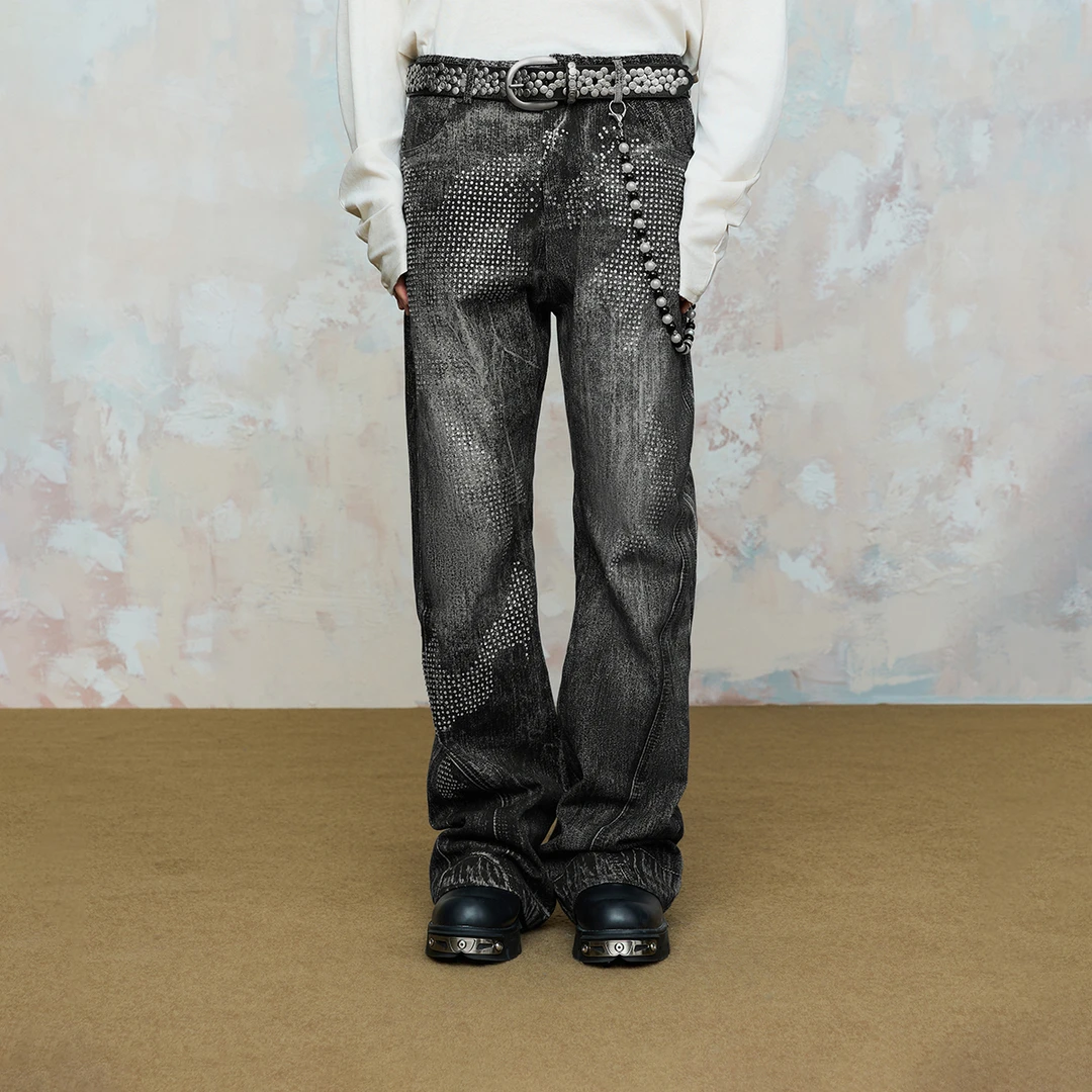 Rocawear美式潮牌不规则烫钻3D印花微喇牛仔裤