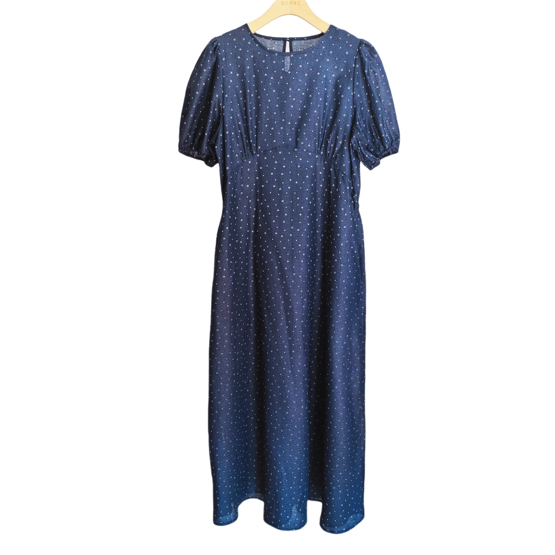 SENSE神思 2024年夏季新款 藏青白花泡泡绉纯棉法式连衣裙