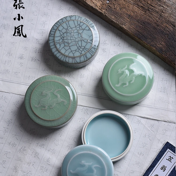 张小凤 青瓷印泥盒印泥印章朱砂朱磦彩色书画书法专用仿古高级款