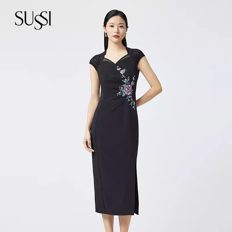SUSSI古色丨“传承”刺绣包肩袖国风高腰显瘦连衣裙