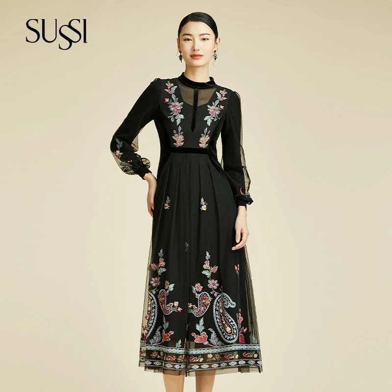 SUSSI/古色24春夏商场同款黑色网刺绣拼丝绒立领泡泡袖连衣裙显瘦