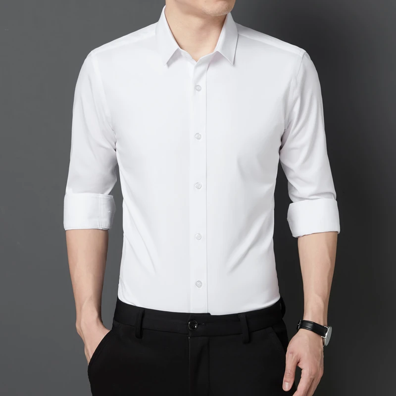 墨绣山【轻奢帅气】男士休闲纯色翻领竹纤维商务帅气长袖衬衫8809