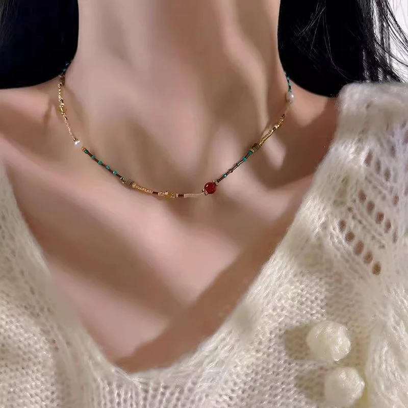 合金树脂项链 新中式串珠项链复古民族风高级感锁骨链