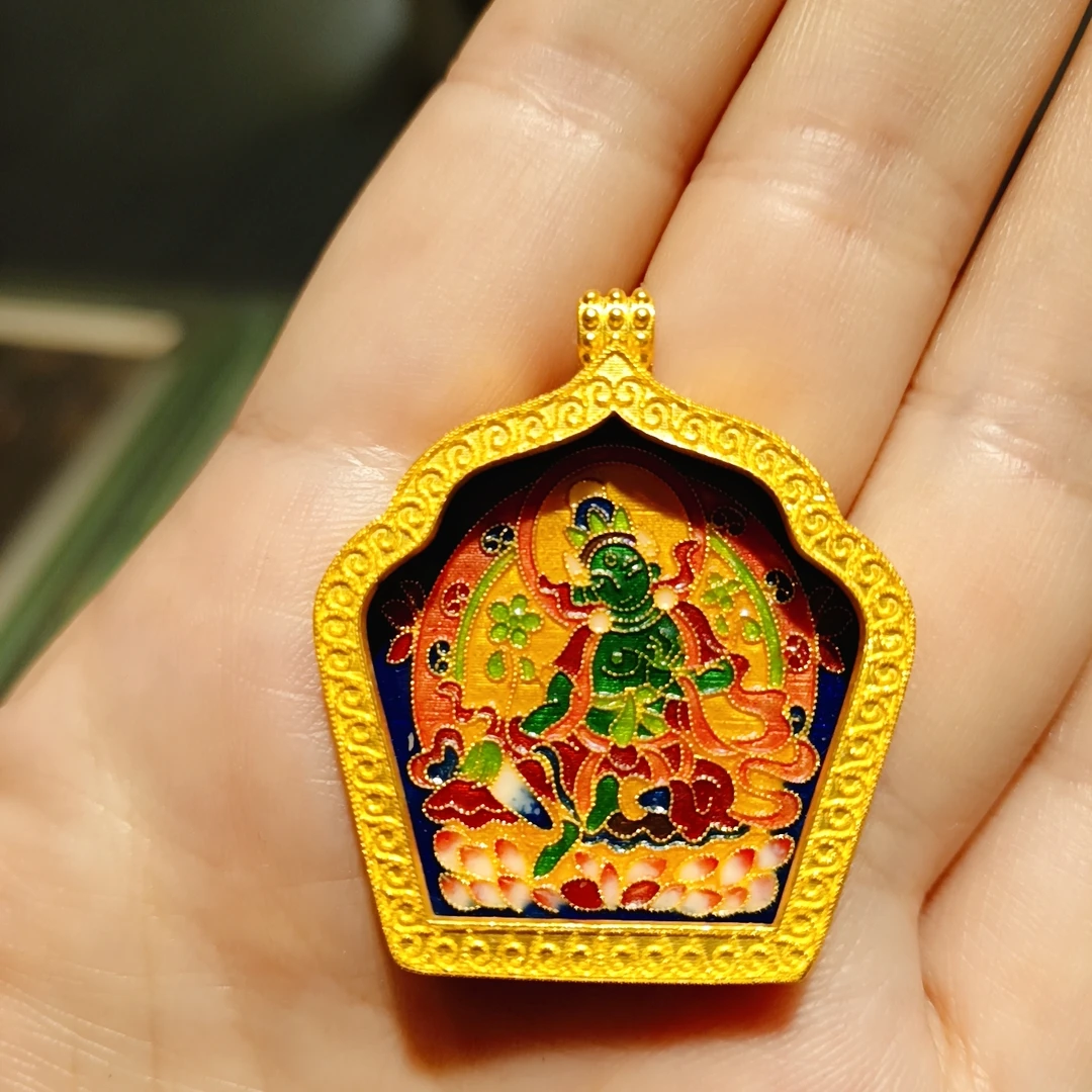海纳珠宝 足金999绿度母民族风珐琅彩扎基拉姆女财神吊坠古法烧蓝