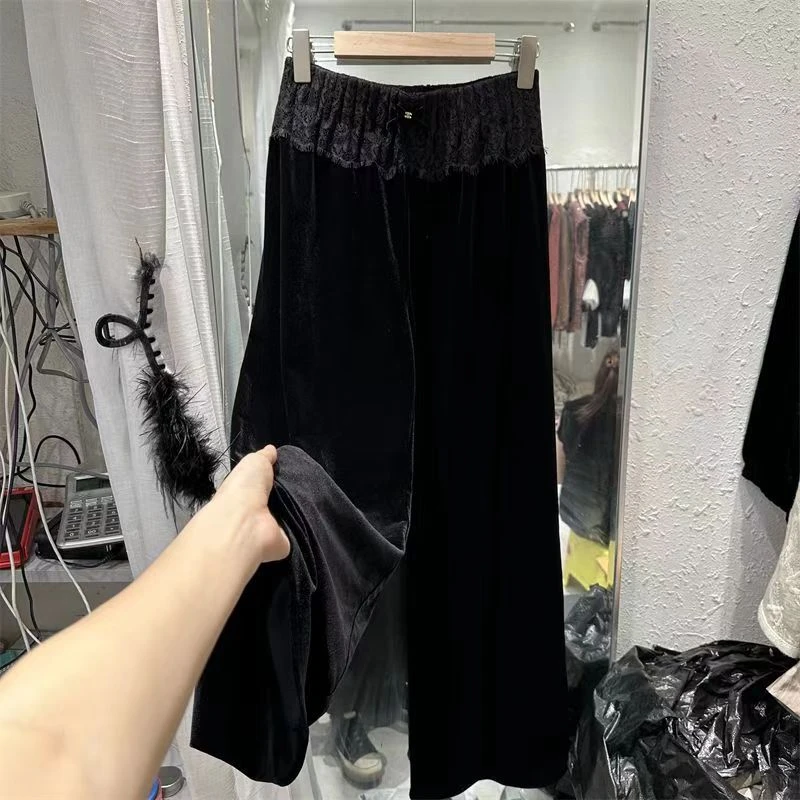 秋季新品休闲高货显瘦复古新中式百搭气质网红蕾丝腰阔腿裤