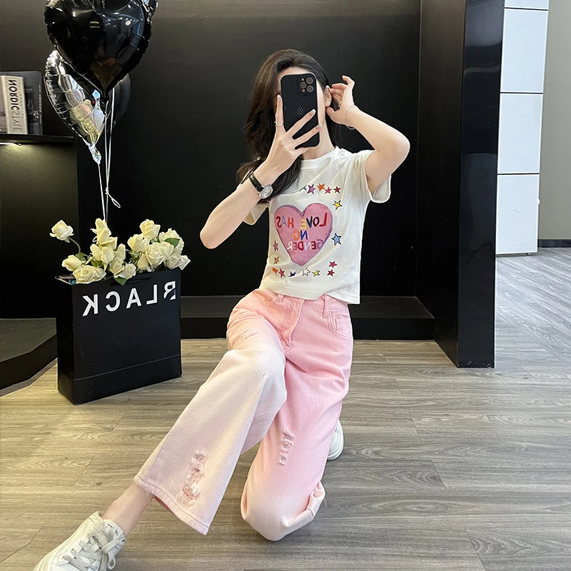 多巴胺白色爱心短袖上衣新款爆款洋气直筒气质粉色阔腿裤时尚裤子