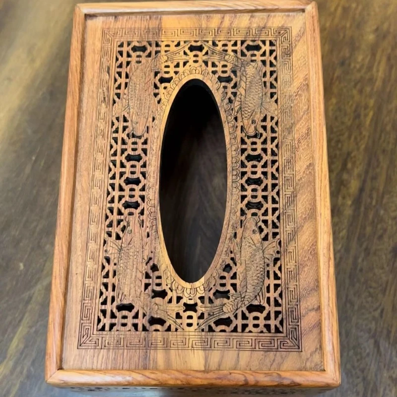 【雕刻】缅甸花梨木荷塘月色纸巾盒居家抽纸箱类