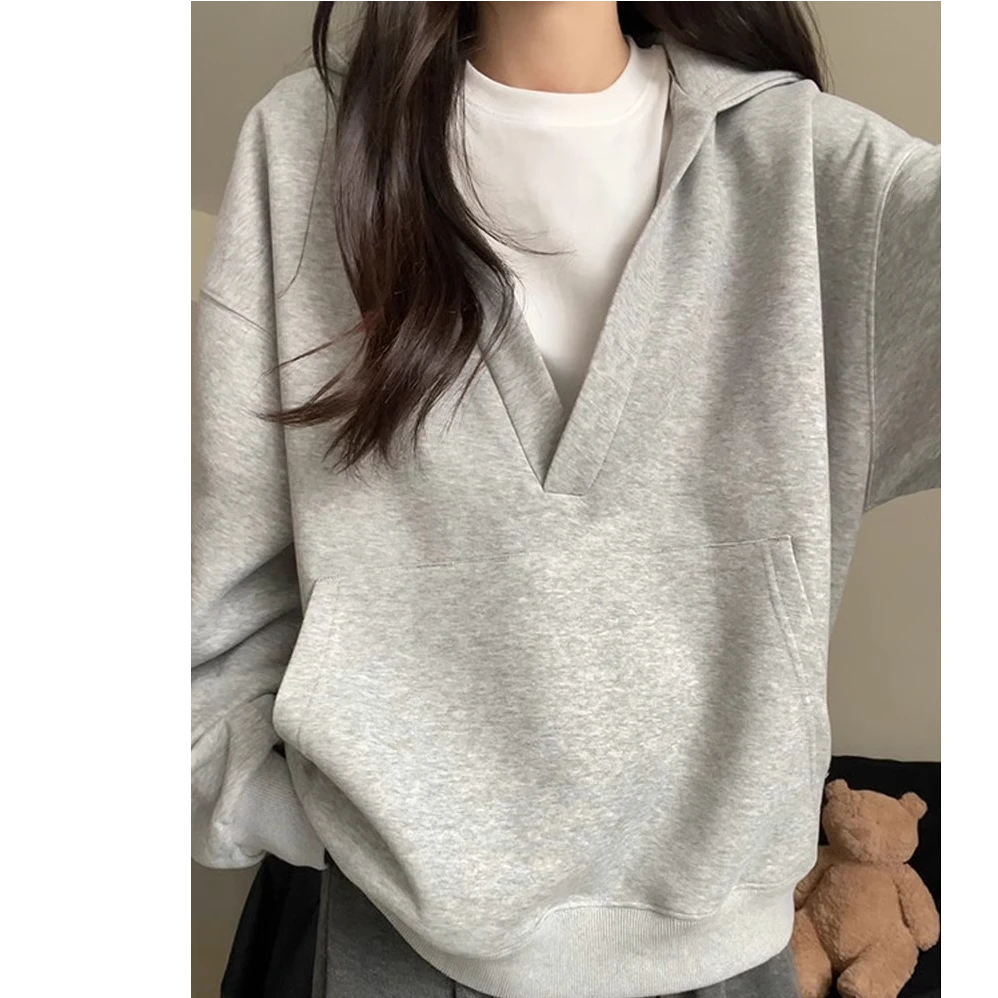 灰色连帽卫衣女秋冬2024新款爆款加绒加厚V领小个子冬季穿搭外套