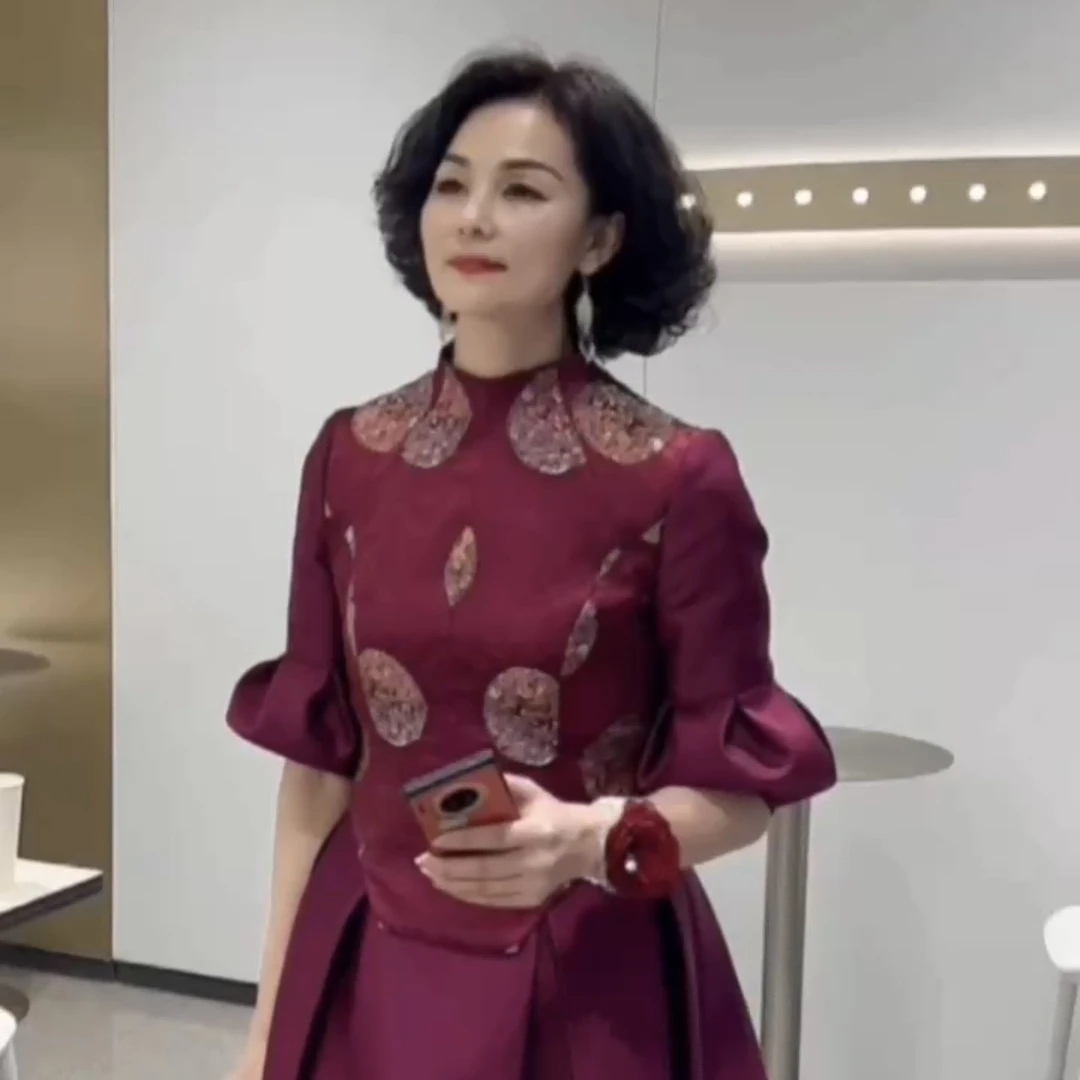 高端定制态态喜妈妈轻奢礼服设计师紫红色气质显瘦圆领百搭hj132