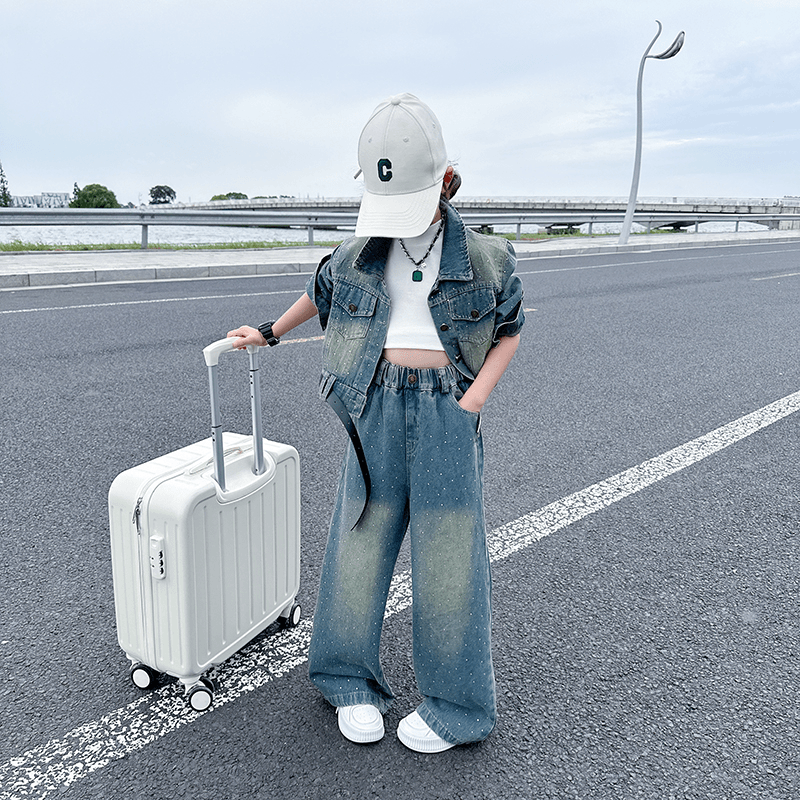 女童秋季牛仔套装2024新款儿童重工亮钻外套阔腿裤时尚秋款两件套