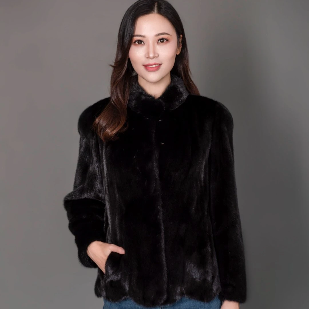 环裘【环裘】17006进口天鹅绒短二母貂皮立领貂皮大衣