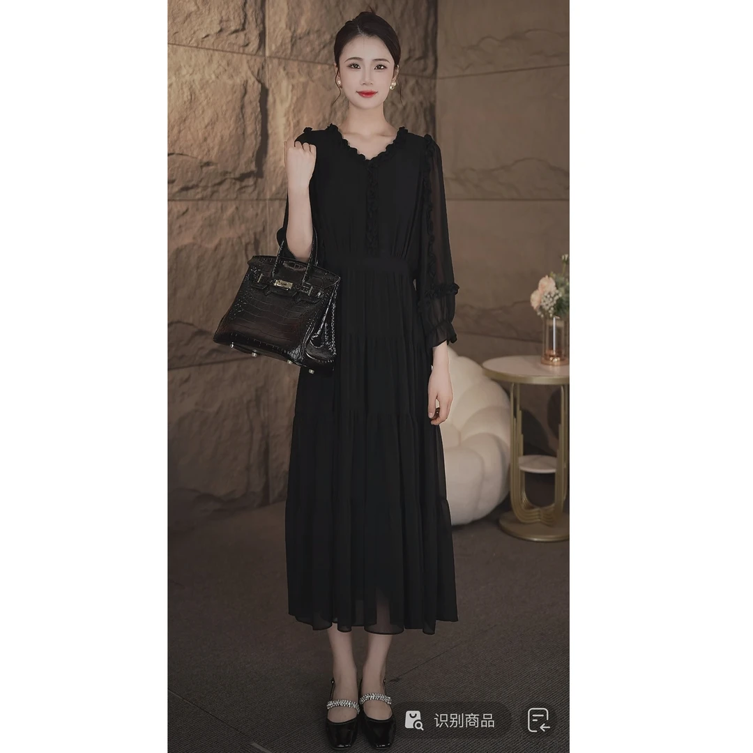 新款连衣裙女中长款小黑裙七分袖收腰显瘦裙子夏季新款美