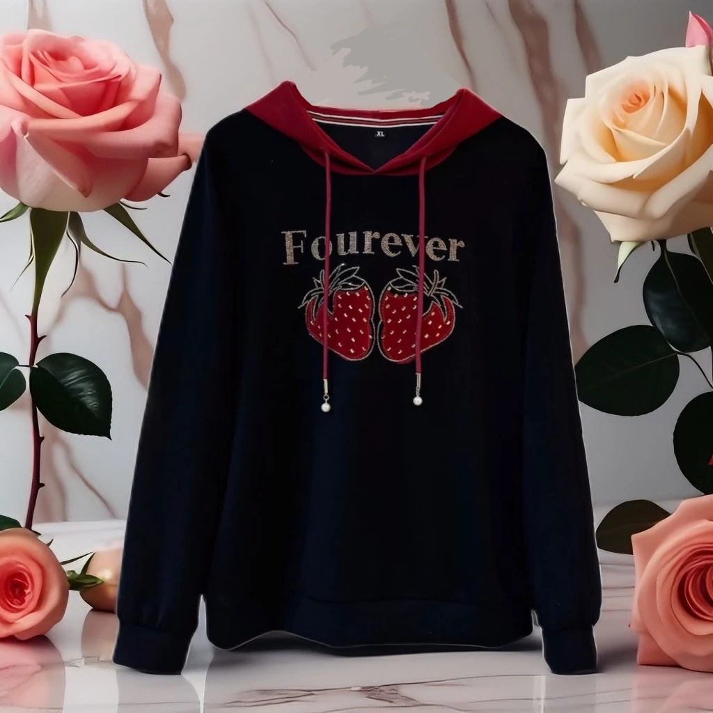 【小草莓】秋冬百搭韩版长袖时尚休闲宽松上衣连帽女士黑色卫衣6139