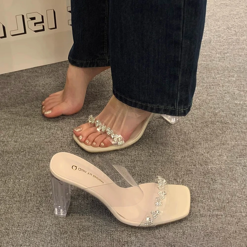 法式水钻透明水晶跟凉鞋女夏一字带高级感粗跟拖鞋高跟鞋外穿凉拖