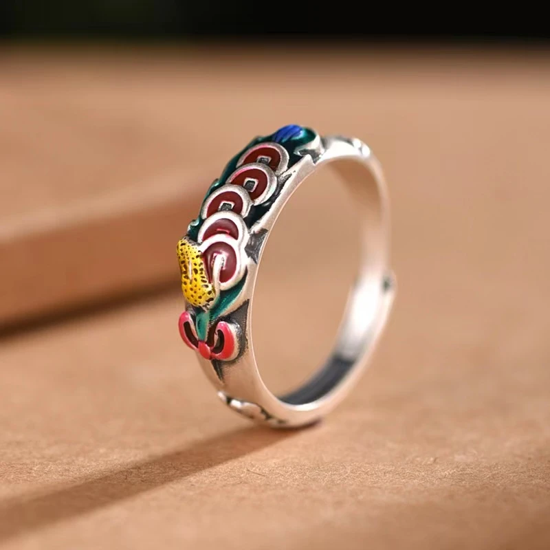 足银珐琅戒指 气质古法烧蓝五帝钱开口戒指【足银999】