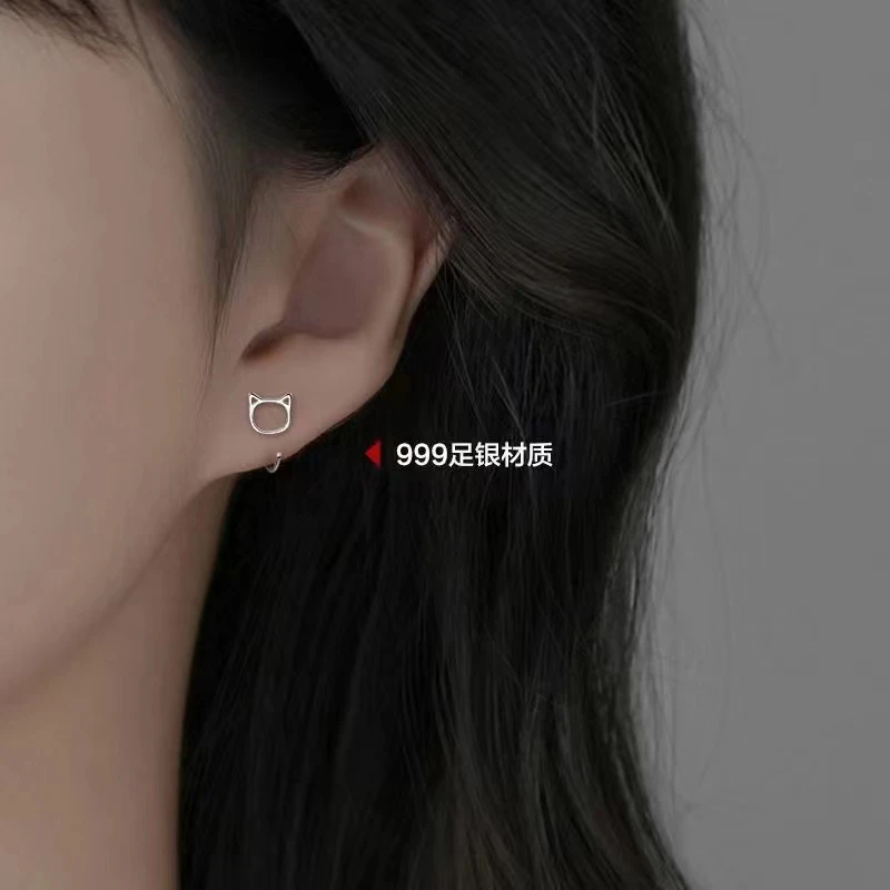 足银耳饰 小清晰镂空猫咪耳钉养耳洞【足银999】