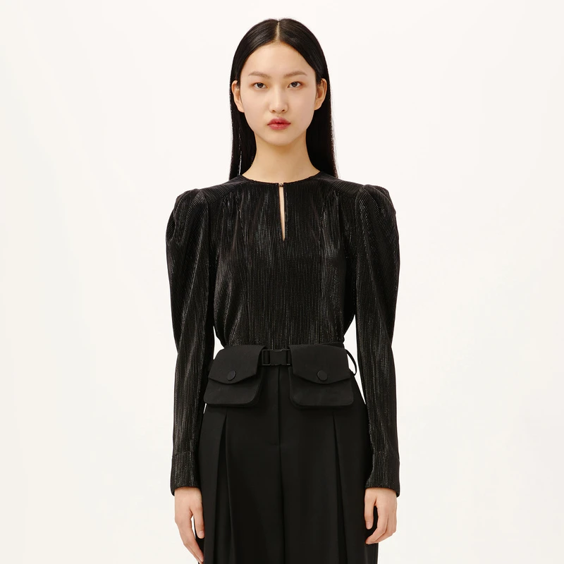 HPLY荷比俪2021秋新品女烫金面料压褶优雅长袖上衣HMB32610182