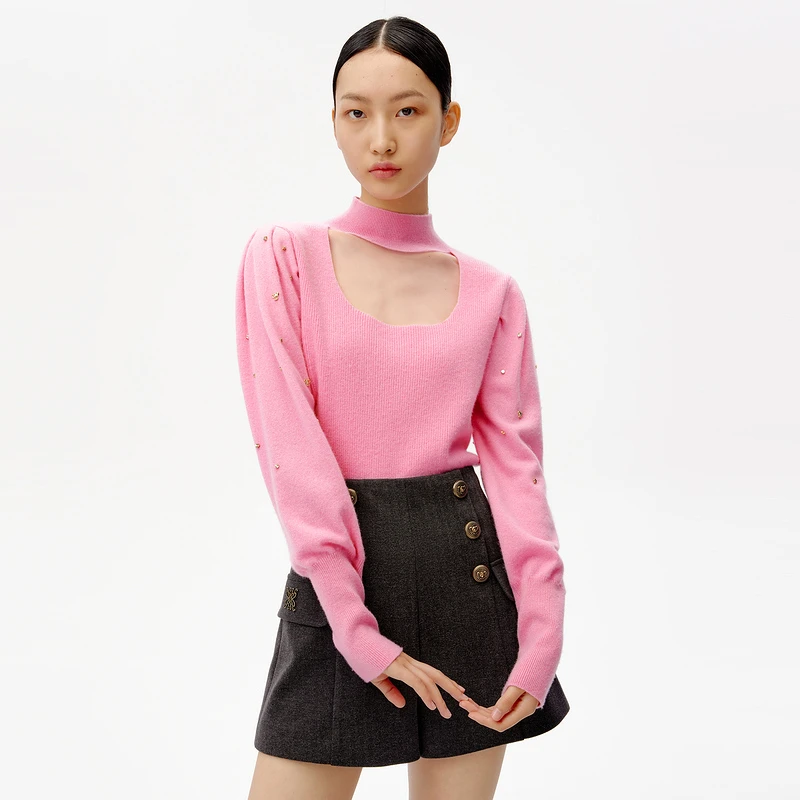 HPLY/荷比俪冬新品女气质镂空U型衣领浅金色针织衫HMB42650123