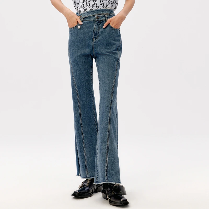 HPLY荷比俪2022春新品女不对称腰头亮片喇叭裤牛仔裤HMC11420082