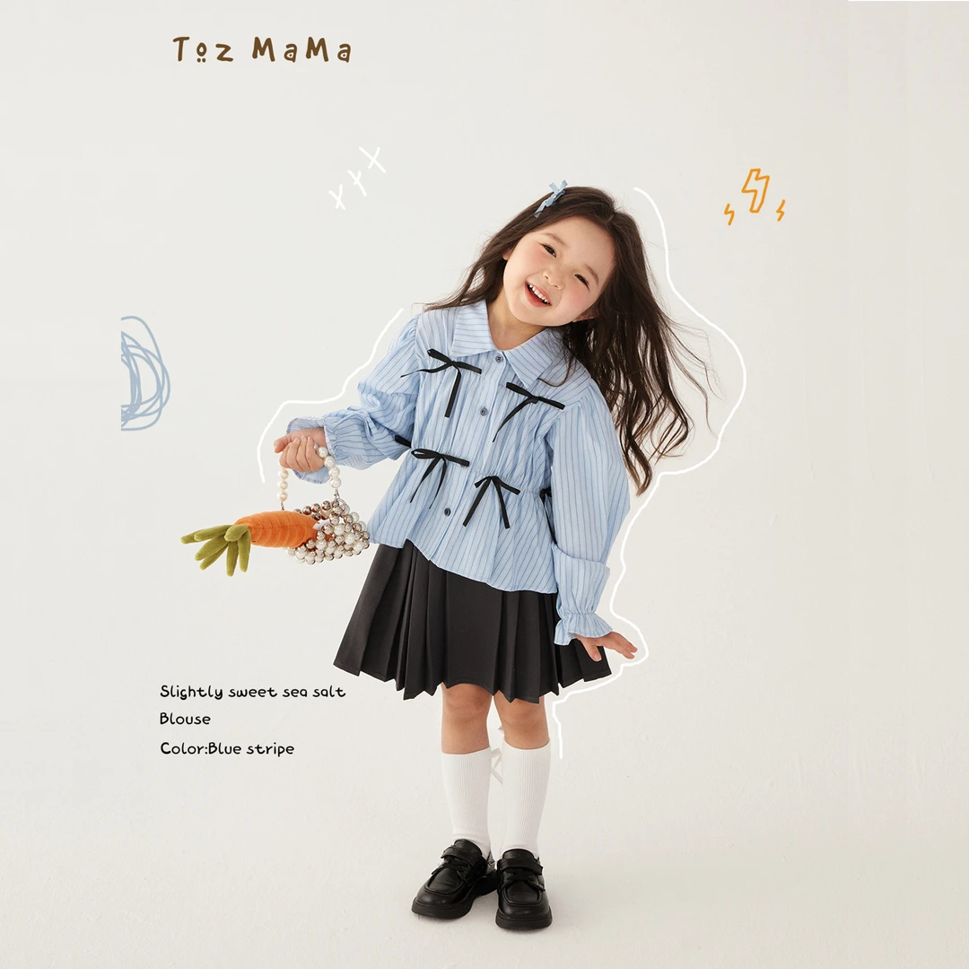 豆几妈7/2【微甜海盐】小童儿童上衣女童翻领小衫蝴蝶结收腰设计