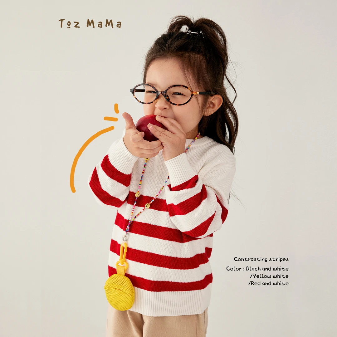 豆几妈7/2【撞色条纹】小童儿童长袖ol圆领毛衣男童套头条纹毛衣女
