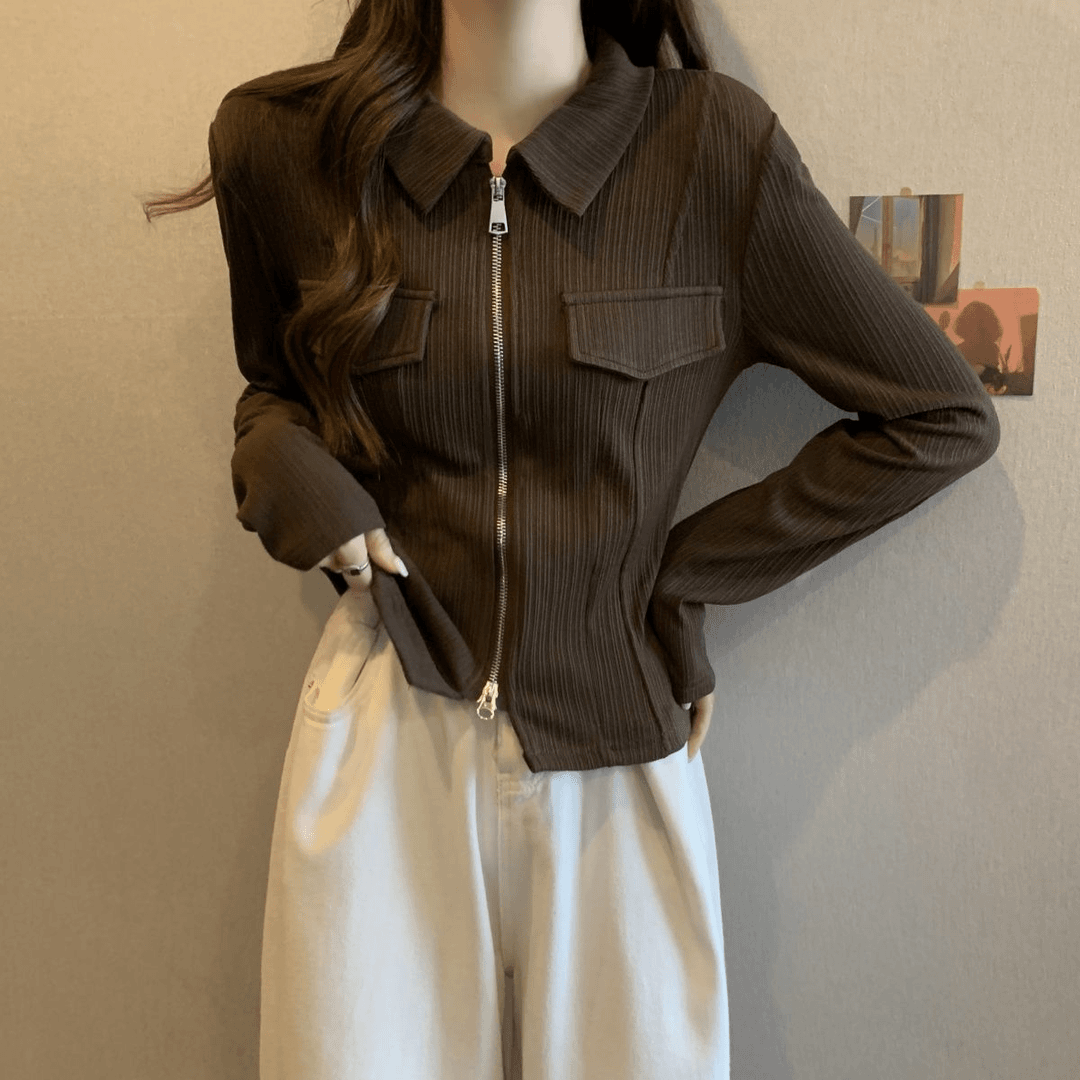 大码POLO领拉链长袖衬衫女2023年新款秋季设计感坑条显瘦辣妹上衣