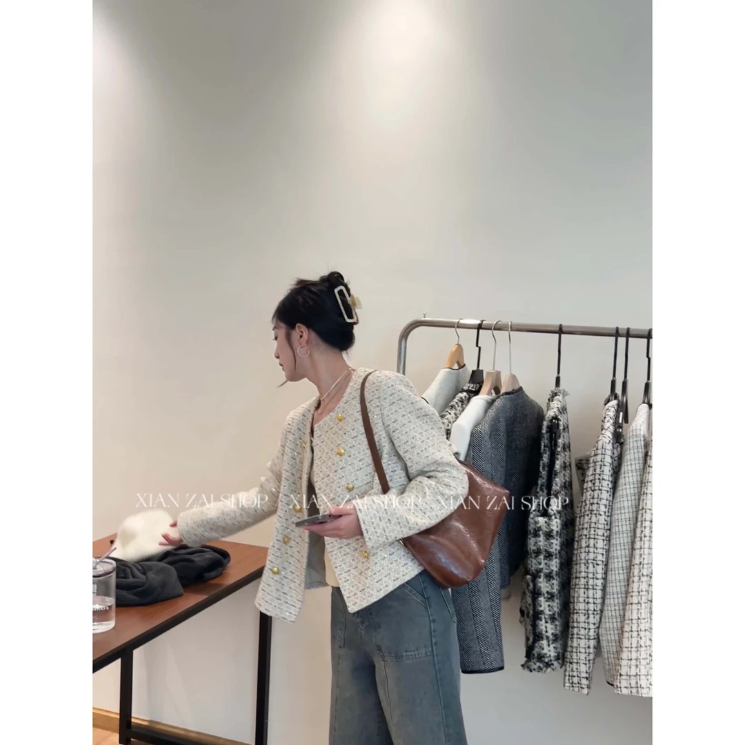 XIANZAI【一粒金麦穗】春季新款韩系名媛圆领氛围感小香风外套