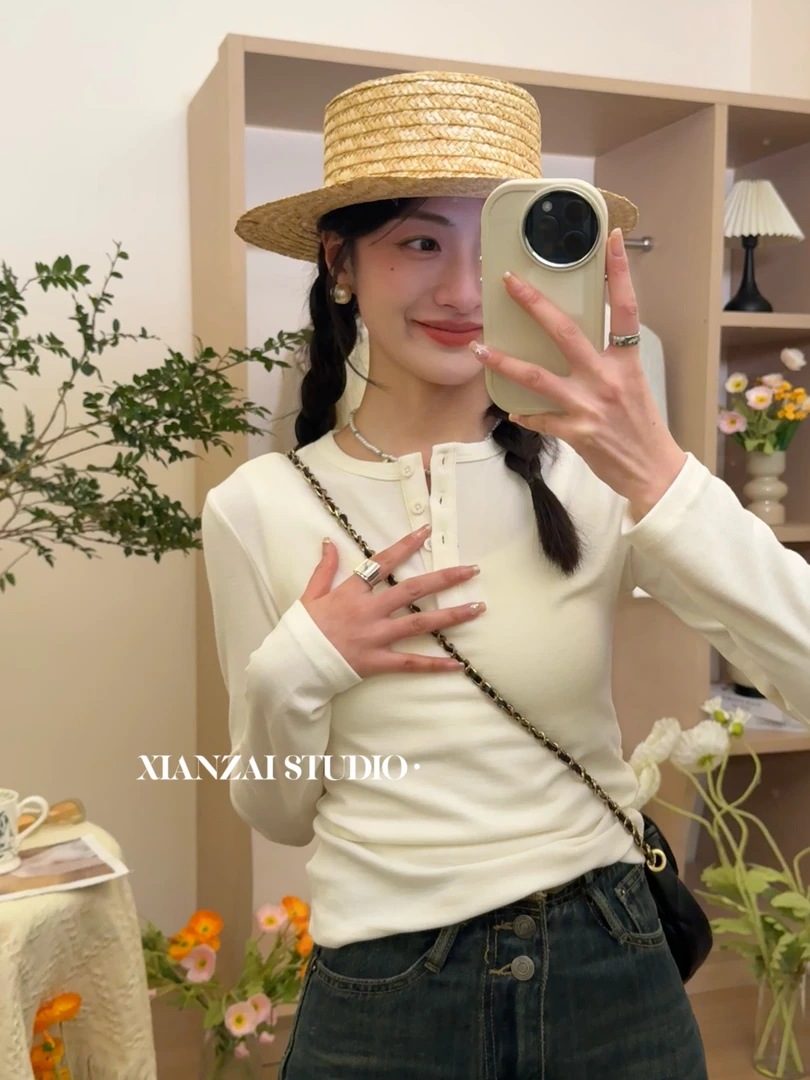 XIANZAI【月光少女】好穿哭了｜2024春夏新款ins韩版半开领T恤打底衫