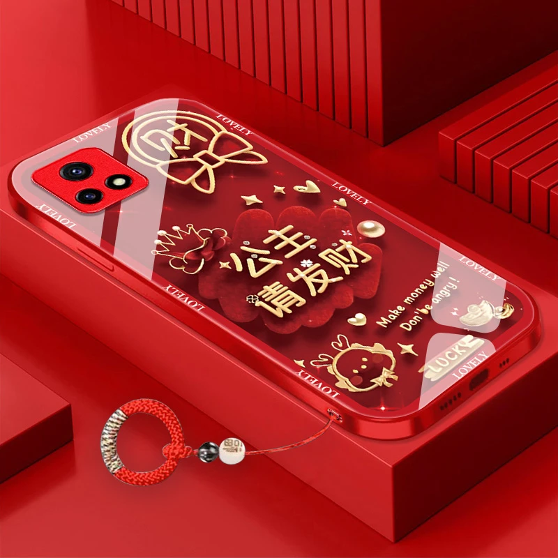 公主请发财vivoY52s手机壳金属漆玻璃潮牌创意全包保护套喜庆耐脏
