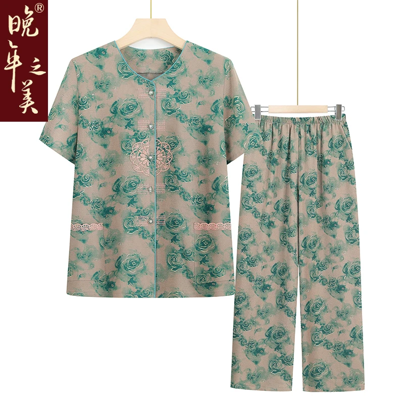 老年人夏装女两件套奶奶装上衣裤子老太太夏季衣服老人妈妈套装