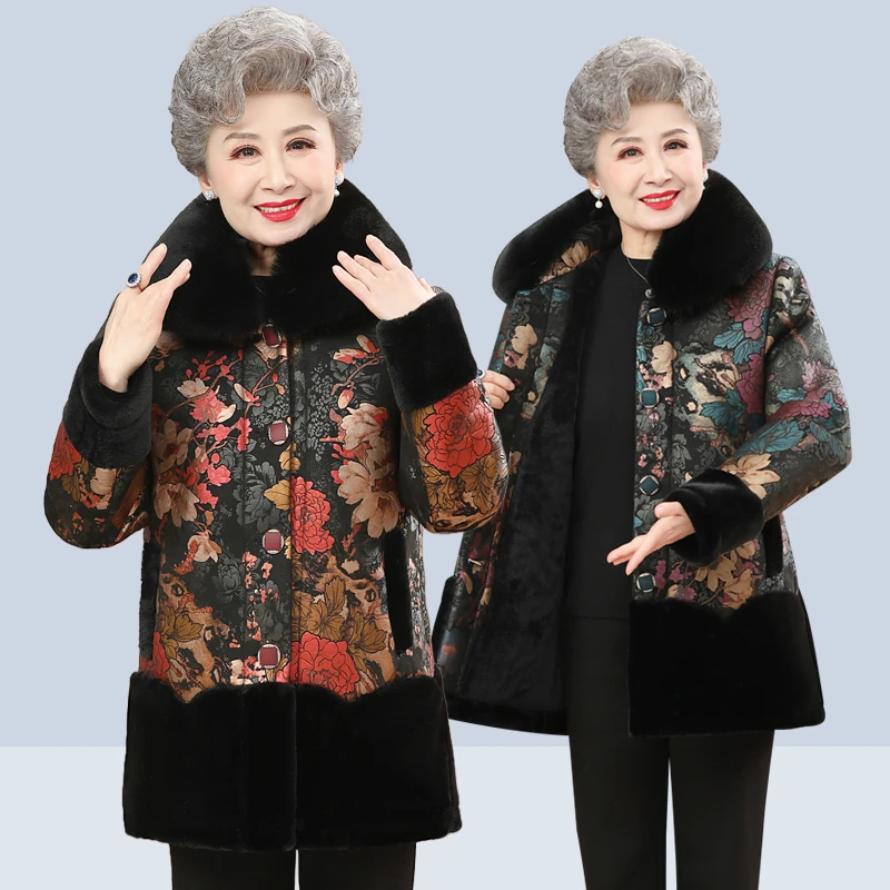 奶奶冬季新款中老年女冬装时尚外套大毛领加厚妈妈大衣老人衣服