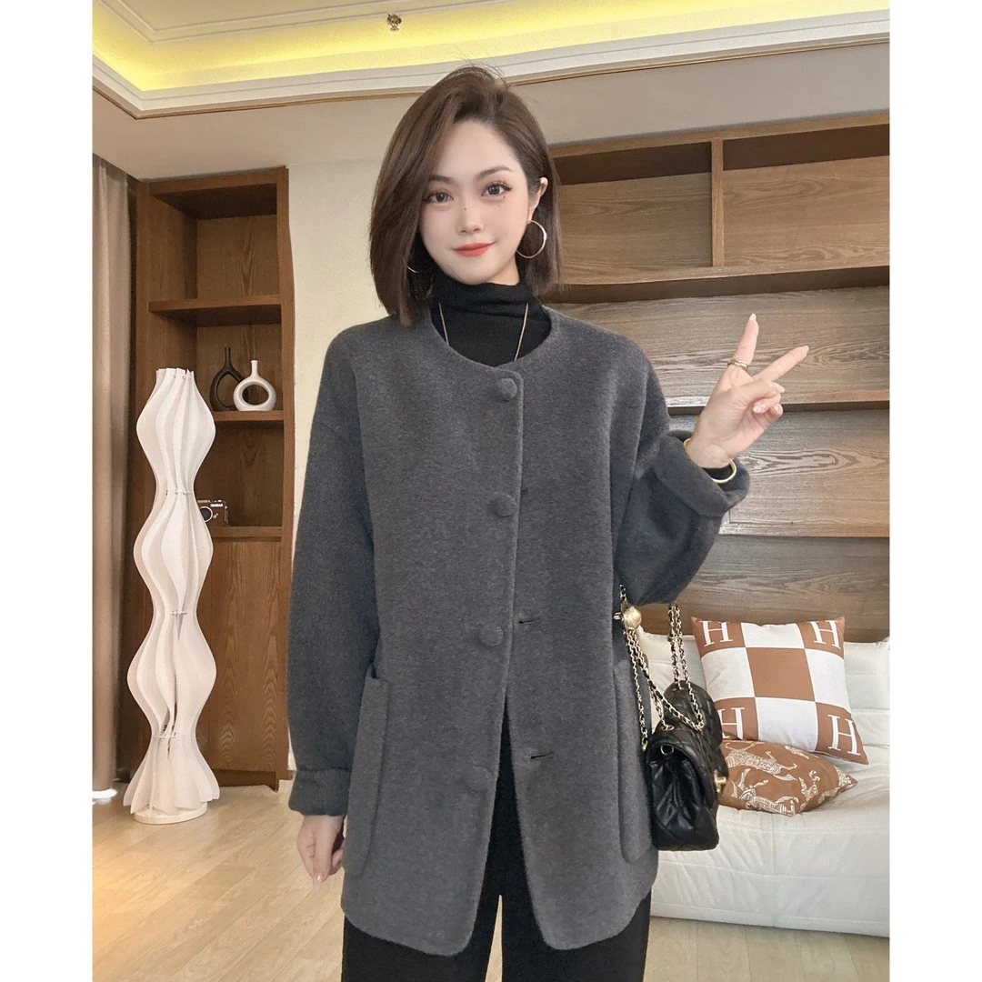 茜百万【新款】女士双面大衣简约轻奢毛呢外套显高气质小个子羊毛