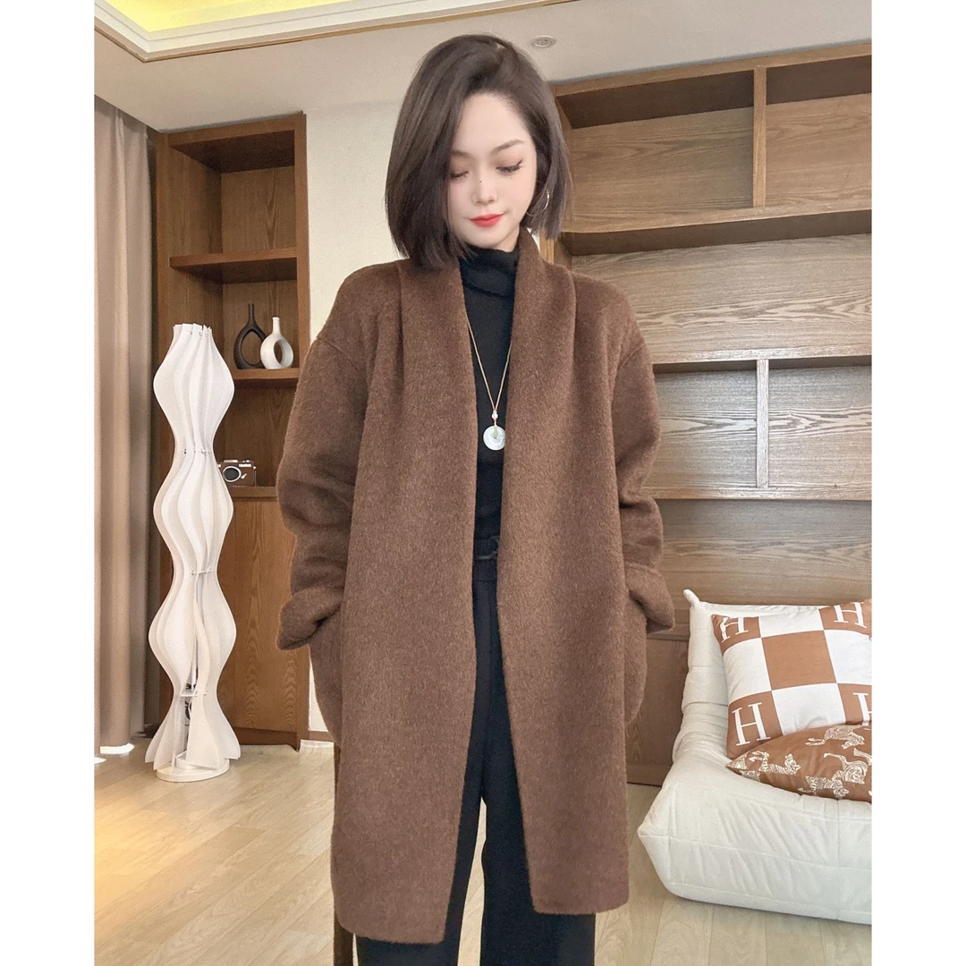 茜百万【 无领浴袍】双面毛呢大衣女时尚百搭显瘦保暖外套上衣秋冬