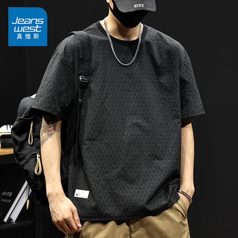 Jeanswest/真维斯男士潮牌短袖T恤夏季薄款透气宽松休闲五分上衣