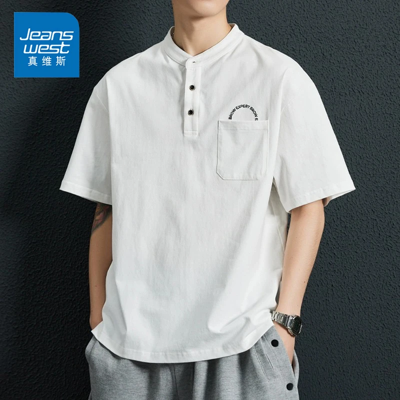 Jeanswest/真维斯夏季薄款男士短袖潮流简约百搭宽松polo衫男T恤