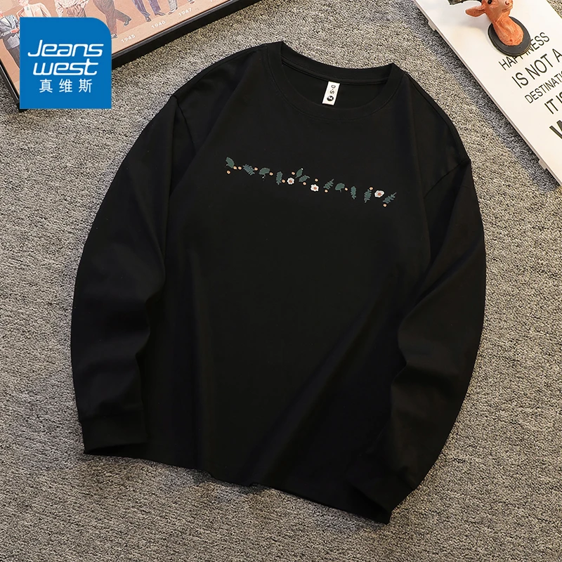 Jeanswest/真维斯男士纯棉长袖T恤春秋季宽松潮流印花百搭上衣男