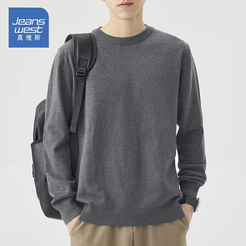 Jeanswest/真维斯秋冬季男士加绒针织衫百搭修身保暖纯色圆领毛衣