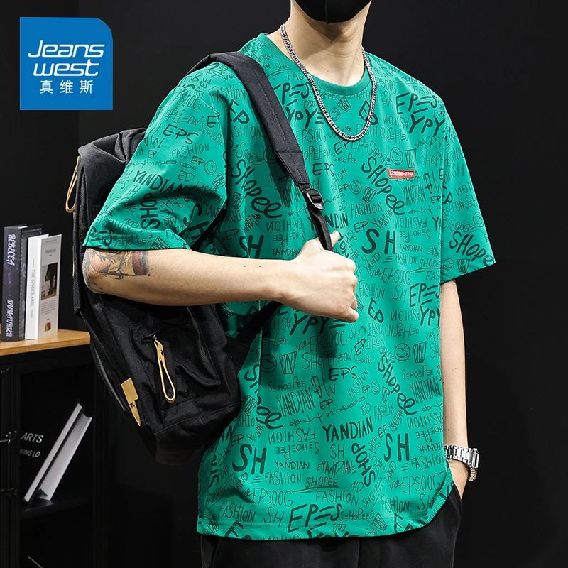Jeanswest/真维斯满印花半袖T恤男士夏季薄款宽松潮流冰丝短袖男