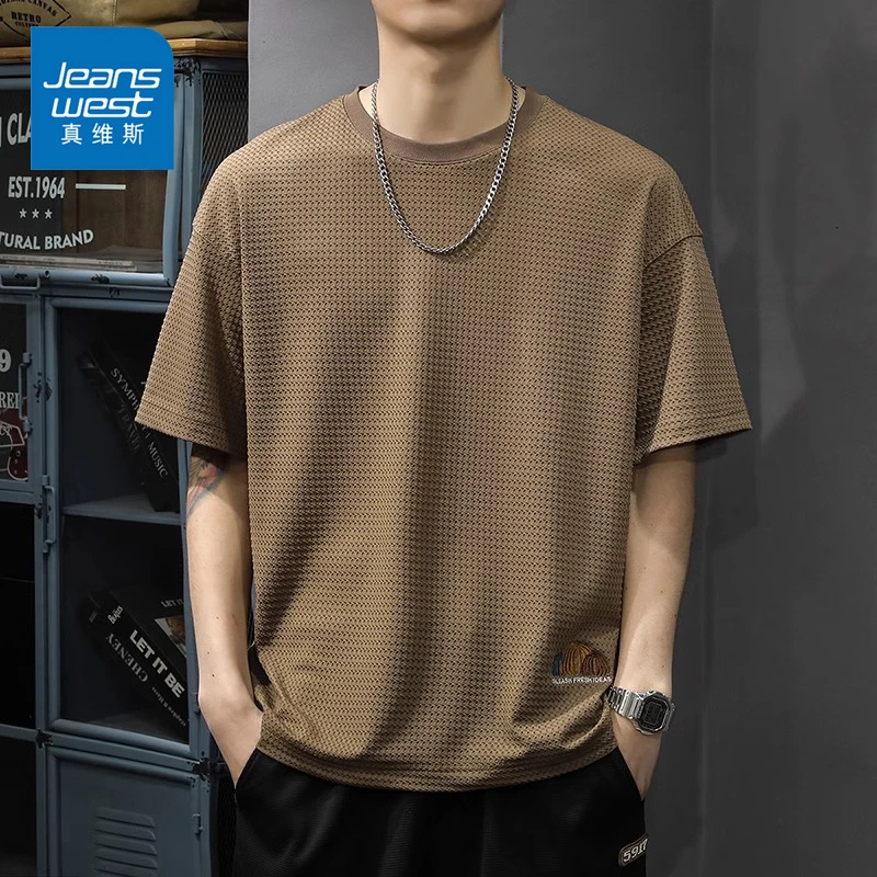 Jeanswest/真维斯夏季冰丝薄款肌理纹短袖T恤男士宽松潮流半袖男