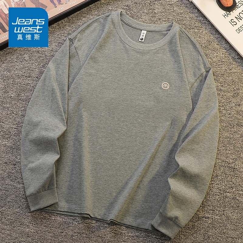 Jeanswest/真维斯男士休闲圆领T恤春秋宽松百搭刺绣简约长袖上衣